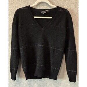 Repeat Cashmere Silver Edition Black Sweater V Neck Metallic Stripe Women’s S